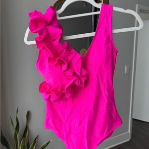 Vibrant Pink One-Shoulder Ruffle Swimsuit